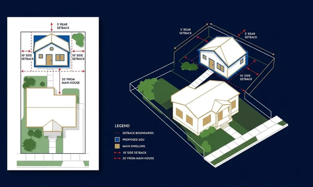 Lot diagram showing ADU placement and setbacks, brand navy and gold