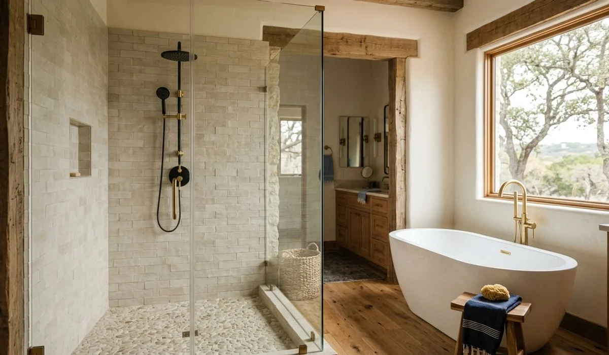 Modern walk-in shower beside a separate soaking tub, authentic, natural light