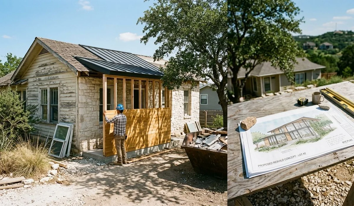 Older home mid-renovation versus a rebuild concept, authentic, natural light
