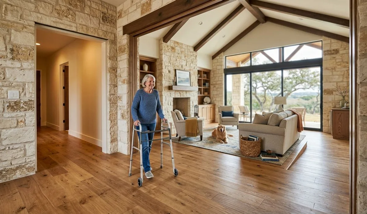 Open barrier-free home interior with wide doorways, authentic, natural light