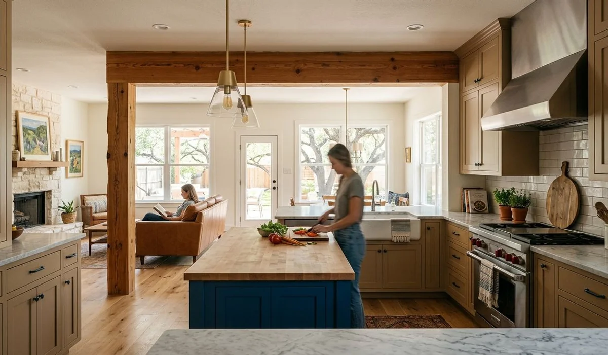 Open-concept kitchen where a wall was removed, beam integrated, authentic, natural light