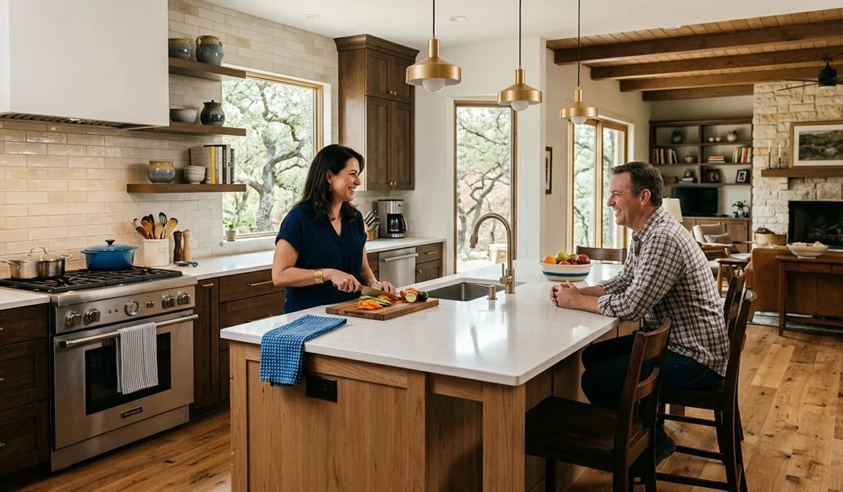 Open-concept kitchen with well-placed island, authentic real home, natural light