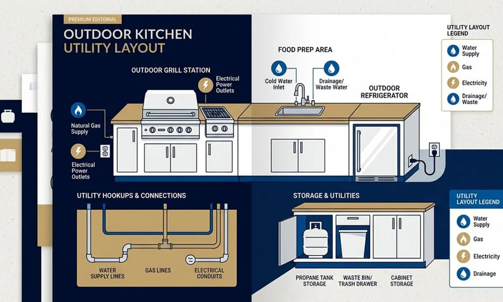 Outdoor kitchen utility layout diagram, brand navy and gold