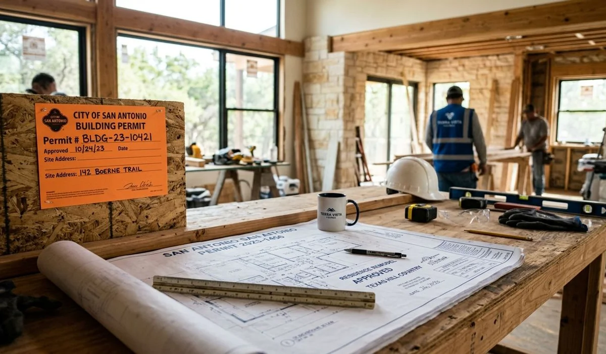Permit and approved plans on a job-site table, authentic, natural light
