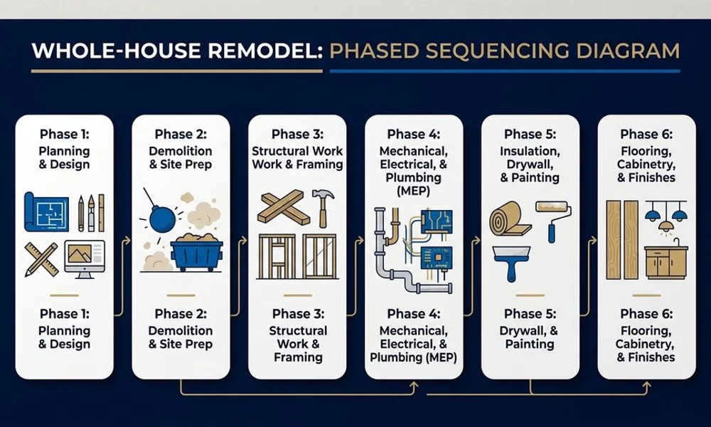 Phased sequencing diagram of a whole-house remodel, brand navy and gold