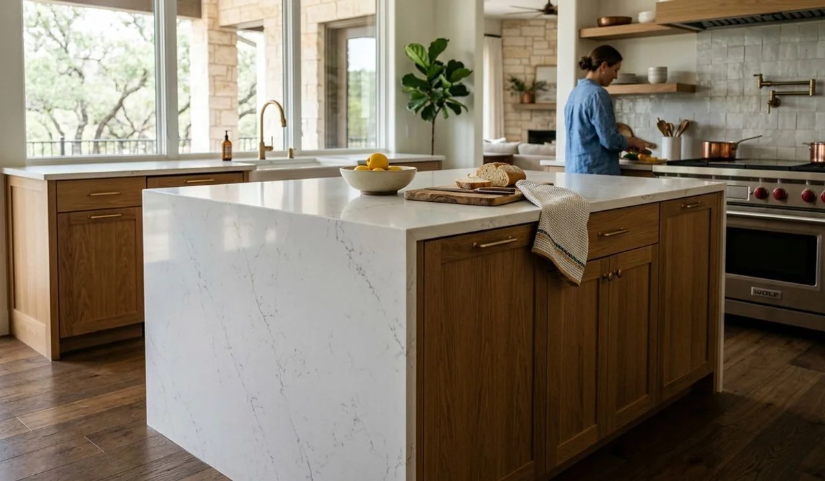 Premium quartz kitchen countertop with waterfall edge, authentic, natural light