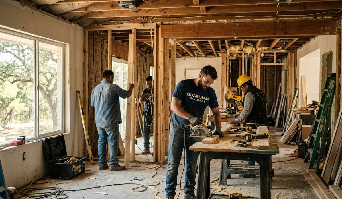 Remodel in progress with crew working in a gutted room, authentic, natural light