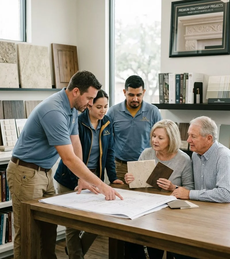 SA Remodel Pros team reviewing plans with homeowners at the design center