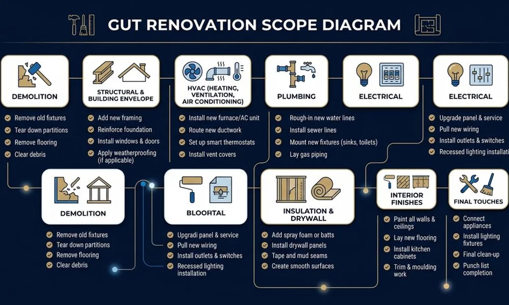 Scope diagram of a gut renovation by system, brand navy and gold