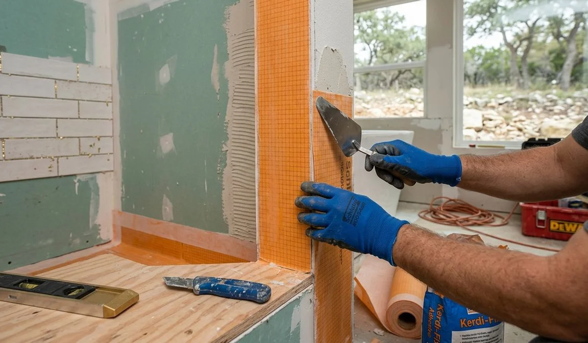 Shower being waterproofed with orange Kerdi membrane, authentic job-site, natural light