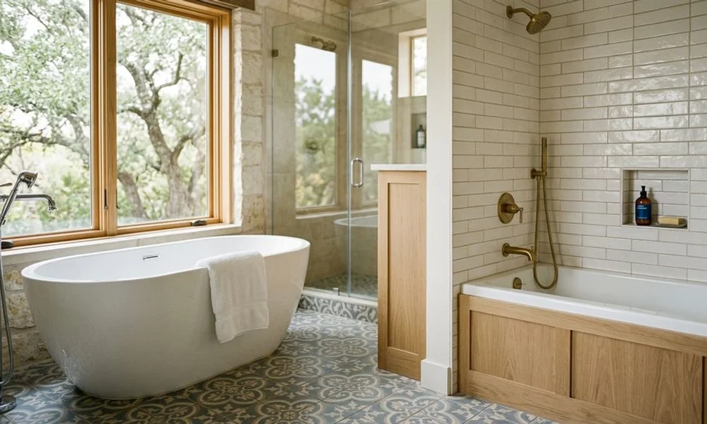 Side-by-side of freestanding vs built-in tub, brand navy and gold