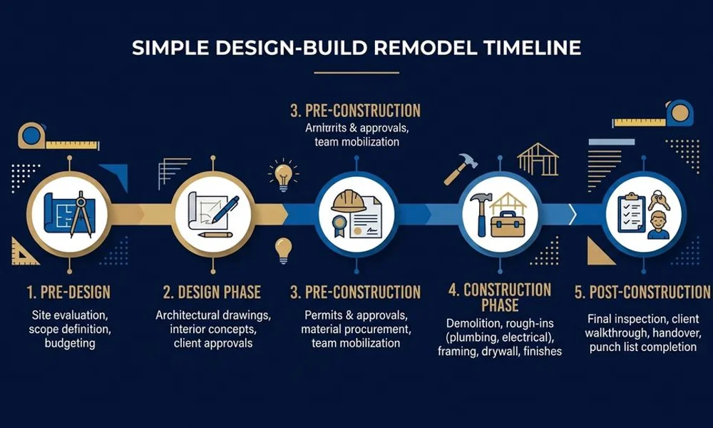 Simple phased timeline graphic of a design-build remodel, brand navy and gold, clean typography