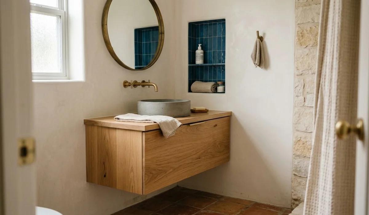 Small bathroom with floating vanity and recessed niche, authentic, natural light