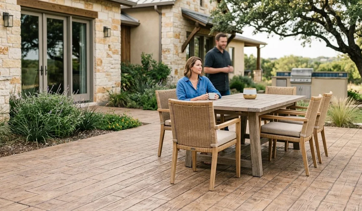 Stamped concrete patio with outdoor furniture, authentic, natural light