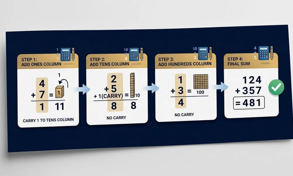 Step-by-step addition process graphic, brand navy and gold
