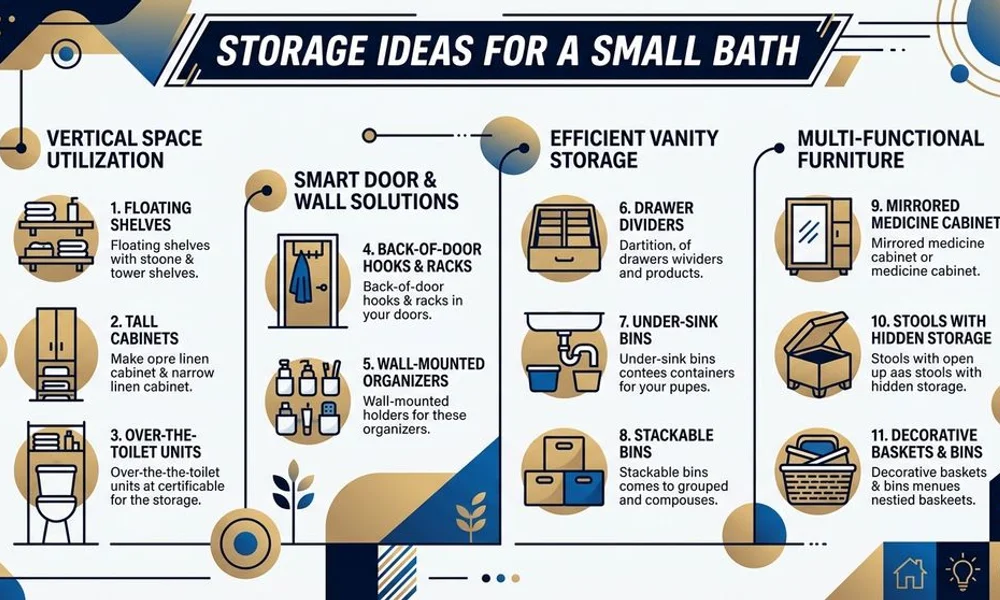 Storage ideas callout graphic for a small bath, brand navy and gold