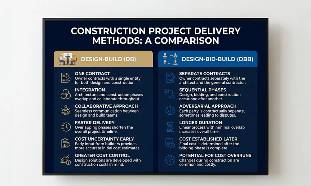 Two-column comparison graphic: design-build vs design-bid-build, brand navy and gold