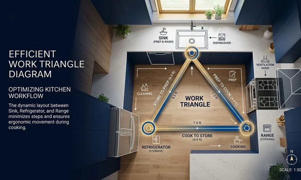 Work-triangle diagram over a kitchen floor plan, brand navy and gold